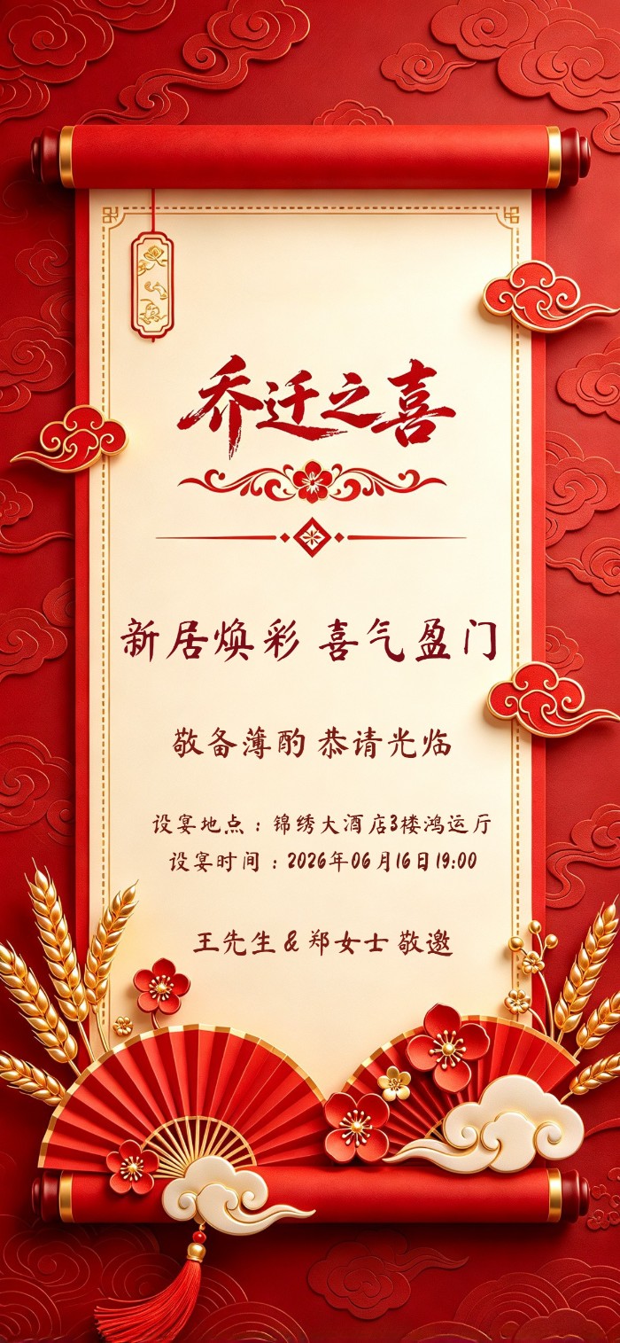 中式红金卷轴梅花设计乔迁请柬图模板